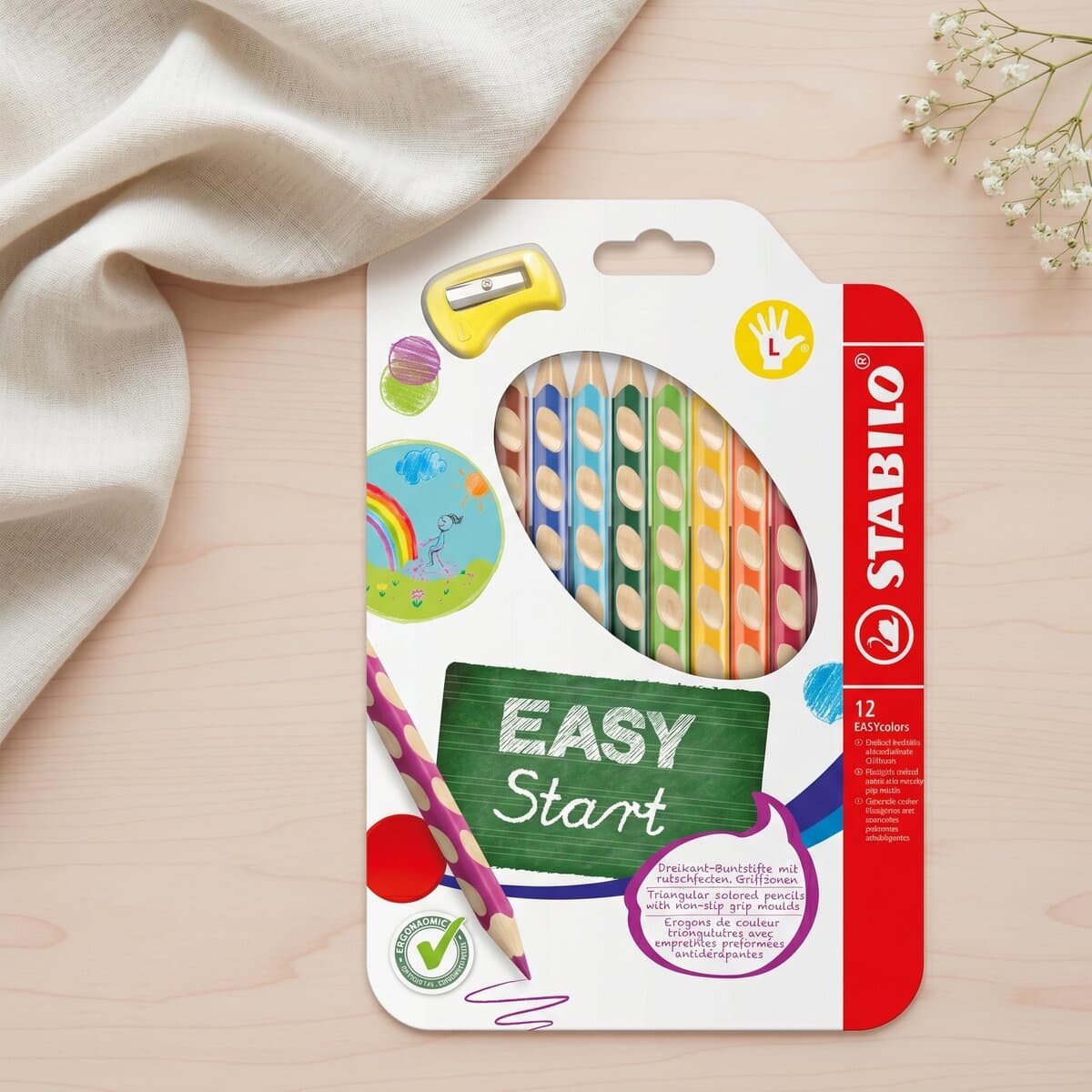 STABILO EASYcolors Linkshänder, 12er Pack mit Spitzer — Komplett-Set